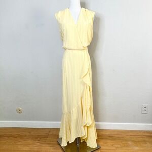 Maison Tara Yellow Faux Wrap Ruffle Maxi Dress Belt Size 14 Sleeveless Textured